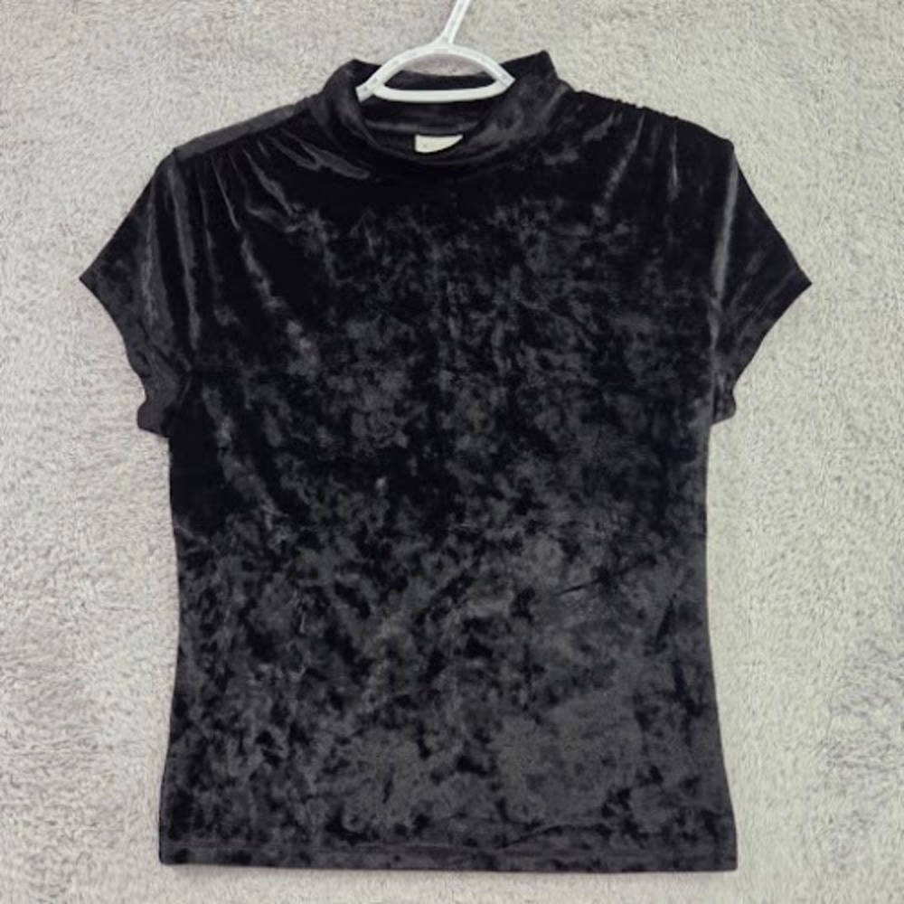 A New Day Mock Neck Top Women's Medium Black Crushed Velvet Short Sleeve Stretch